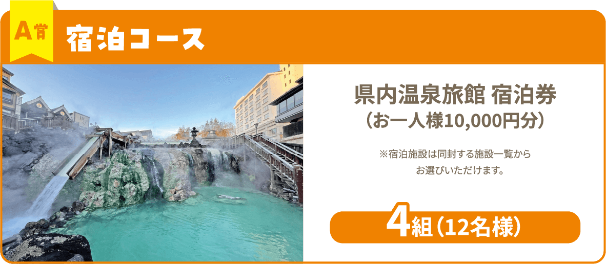 A賞宿泊コース 県内温泉旅館宿泊券（お一人様10,000円分）※宿泊施設は同封する施設一覧からお選びいただけます。4組（12名様）