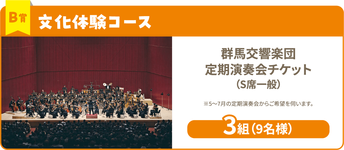 B賞文化体験コース 群馬交響楽団定期演奏会チケット（S席一般）※5〜7月の定期演奏会からご希望を伺います。3組（9名様）